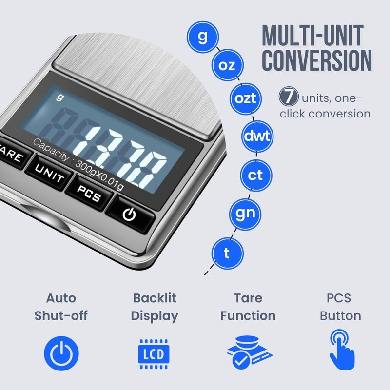 Flexzion Jewelry Small Digital Scale .01 Gram Accuracy - Portable Digital Jewelry Scale Gram & Ounces with 300g Weight Capacity - Micro Scale for Herbs, Gold, Coins with Multi-Unit Conversion - Image 2